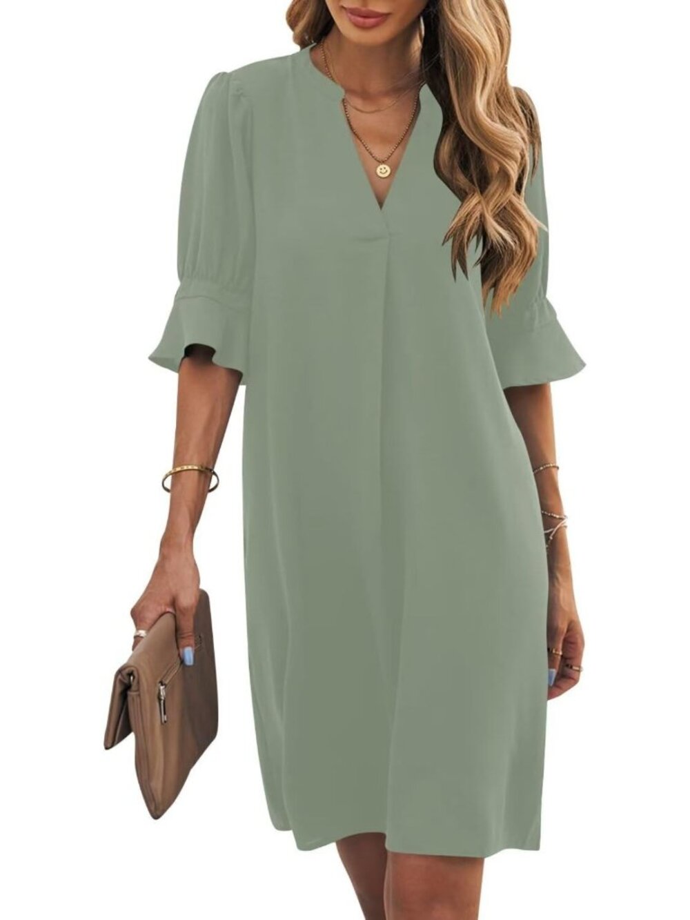 Summer Ruffle V Neck Shift Dress - Women's Short Sleeve Casual Dress